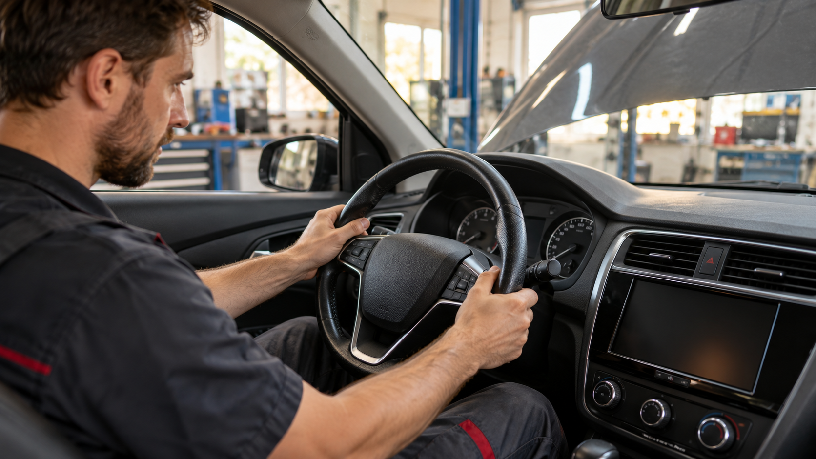 Tecnico al volante di un’auto ferma in officina, con il cofano aperto visibile dal parabrezza