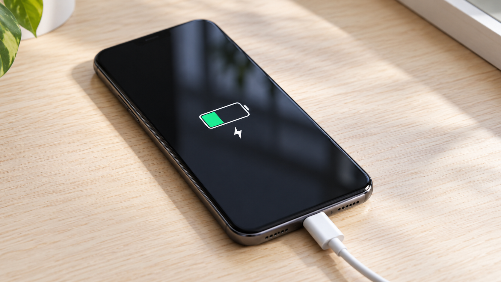 Smartphone collegato a un cavo bianco su un tavolo in legno, con simbolo della batteria e della ricarica sullo schermo